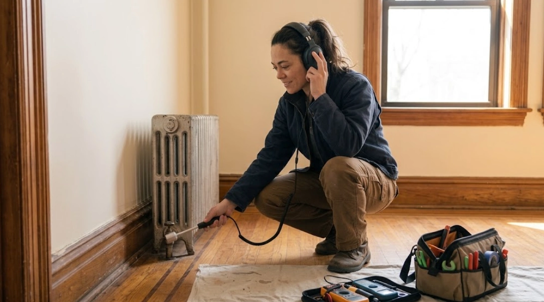 Technician using acoustic listening equipment for non-invasive hidden water leak detection along baseboard