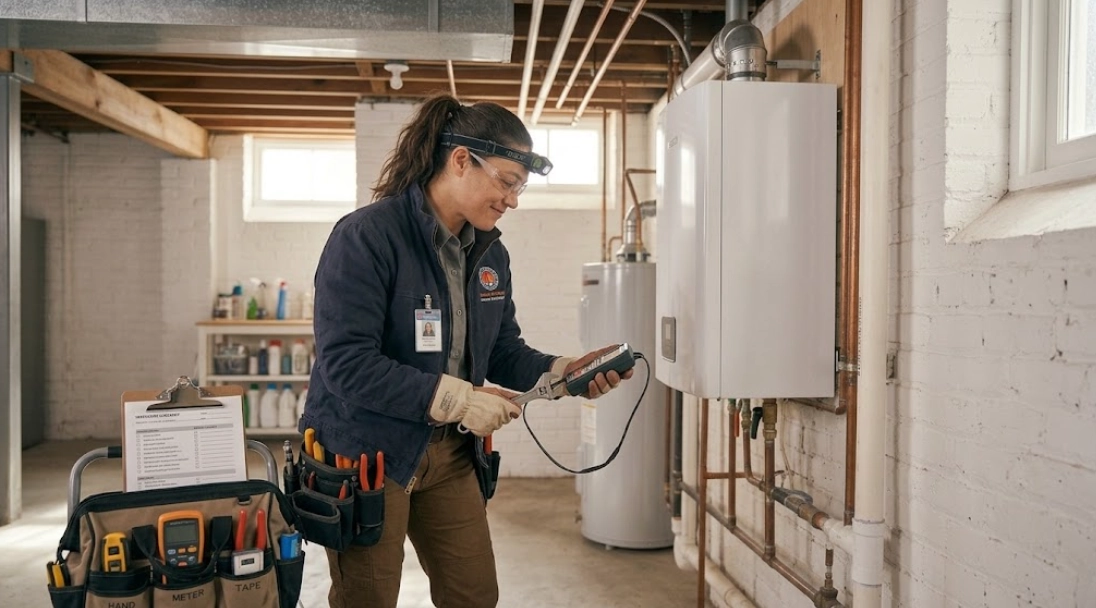 Plumbing and heating technician evaluating a high-efficiency boiler installation in Bedford Park, Bronx