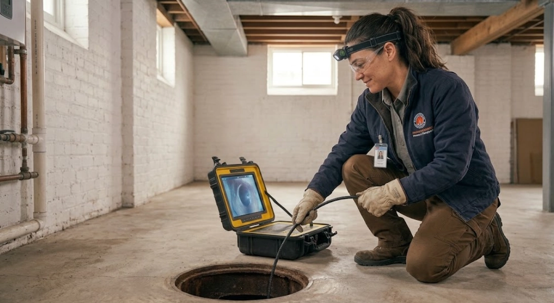 Licensed plumber conducting a sewer camera inspection using a digital monitor in a residential basement in Bedford Park, Bronx