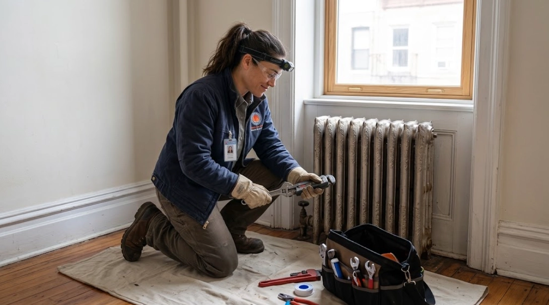 Plumber using a pipe wrench to service and repair a cast iron steam radiator valve