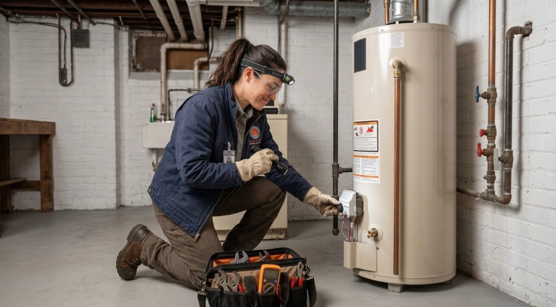 Plumbing technician checking the thermostat and burner assembly on a residential gas water heater in Bedford Park, Bronx
